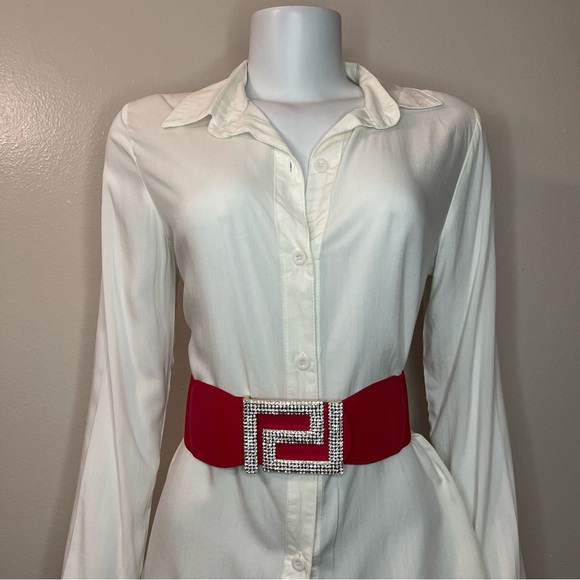 Red PU leather square buckle with rhinestones details elastic waistband belt - Picture 3 of 8